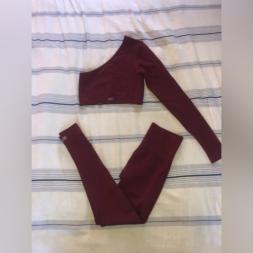 SET Active One-Shoulder Long Sleeve Crop Top and High-Waist Leggings - Burgundy